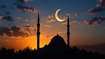 Silhouette mosque at sunset with crescent moon, religious imagery