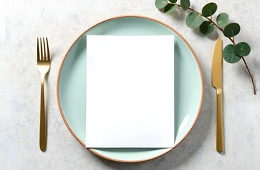 Simple minimalist menu design mockup with gold cutlery and mint plate