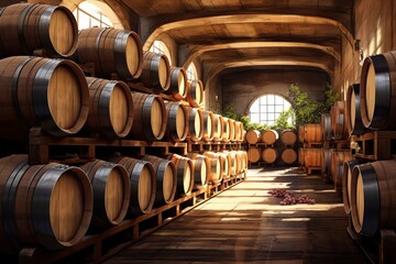 A dimly lit cellar filled with wooden barrels stacked on shelves, illuminated by natural light from a window, creating a warm and inviting atmosphere.