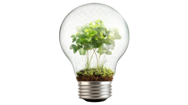Eco-Innovation: A light bulb cradles a verdant plant, symbolizing sustainable ideas, growth, and environmental consciousness.