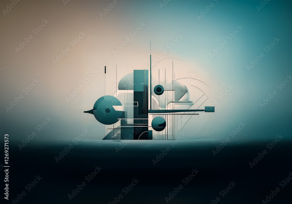 Poster Abstract geometric art featuring blue and beige shapes in a minimalist style, creating a balanced and modern visual composition.