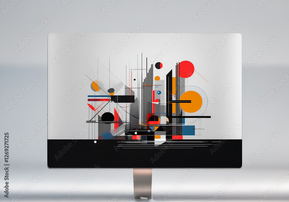 Aufkleber abstract artwork displayed on a screen features geometric shapes and lines in red, orange, blue, and