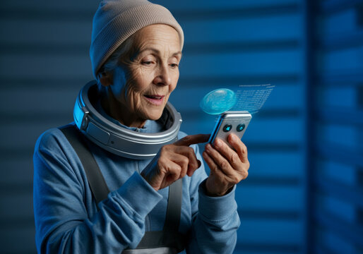 Elderly woman in a travel-friendly space jumpsuit holds a compact holographic device that translates alien phrases in real time.