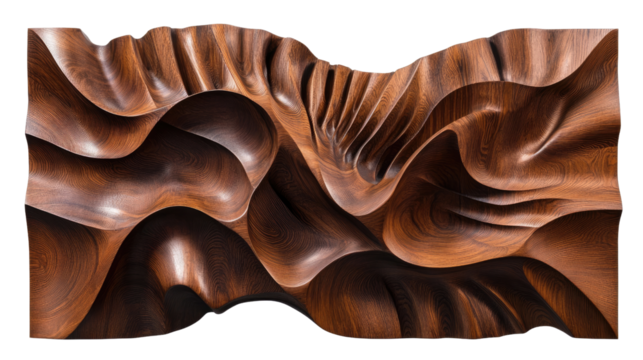 Sculpted Wood Panel: A close-up captures a detailed view of a large, organic, and fluid wood panel, the artful craftsmanship creating an eye-catching display of undulating waves. 