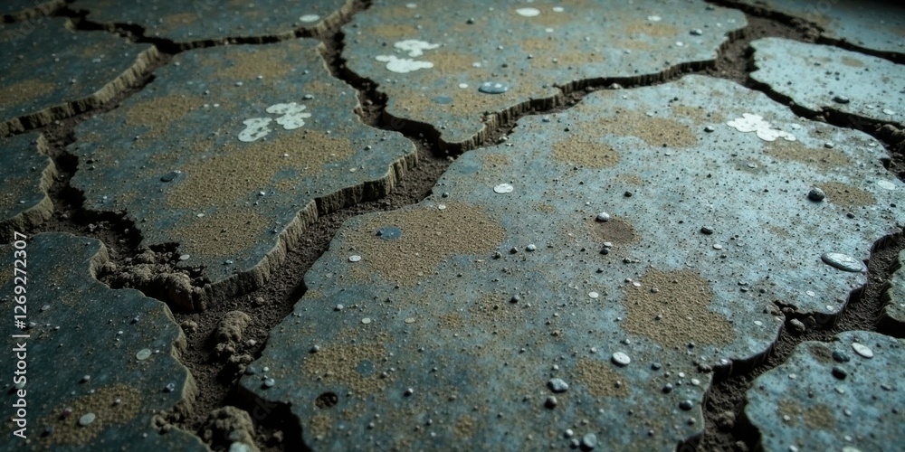 Poster cracked pavement surface with scattered debris and dust accumulation showing signs of age and deteri