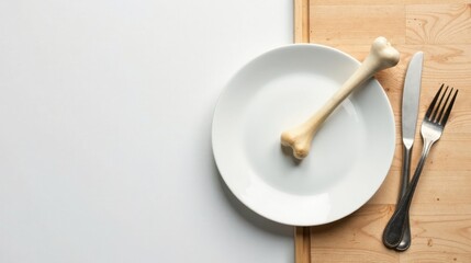 A single bone rests on a plain white plate, beside a knife and fork, suggesting a simple, stark meal