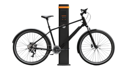 Modern Bicycle and Charging Station: A sleek, black bicycle is securely locked to a contemporary charging station, emphasizing urban mobility and eco-friendly transportation.