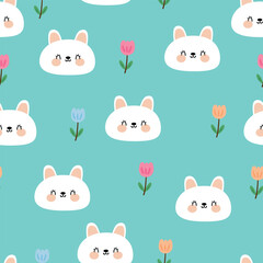 Seamless pattern cute cartoon white bunny with flower. cute animal drawing for wallpaper, pattern, background
