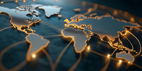 Futuristic world map illustrating trade routes and digital tariff barriers in global markets