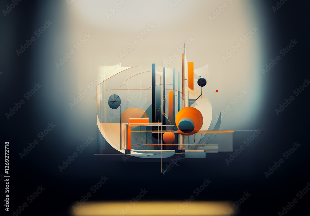 Poster Abstract geometric composition featuring orange and blue shapes with a spotlight effect.  A modern and artistic design with clean lines and contrasting colors creates visual interest.