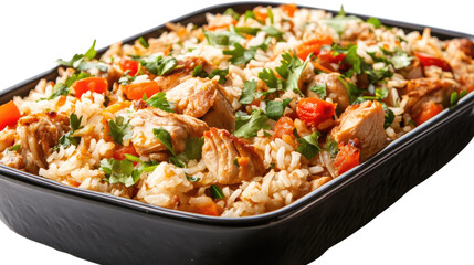 Sizzling Sensation: A delectable dish of seasoned rice with tender chicken, vibrant vegetables, and aromatic herbs, presented in a dark tray, promising a flavorful and satisfying meal.