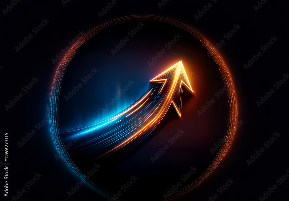 Poster a vibrant arrow with blue and orange glow ascends within a circular frame, creating a dynamic and fu