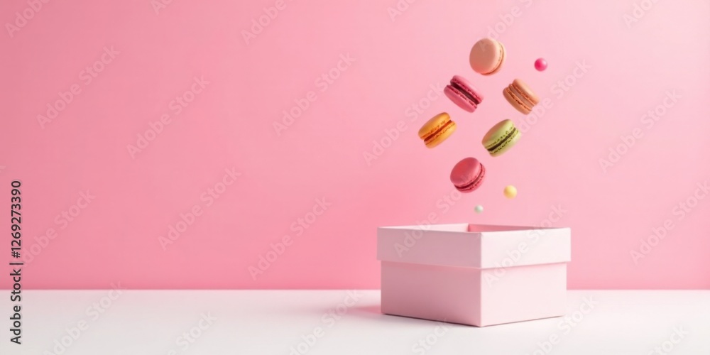 Poster delightful pastel macarons playfully float towards a pink gift box on a white surface against a soft