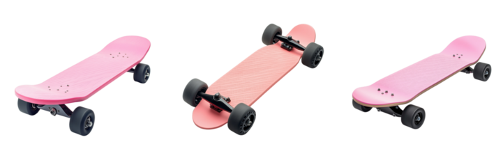 Set of A vibrant pink skateboard resting on a wooden ramp, ready for action on transparent png background. Ai generated