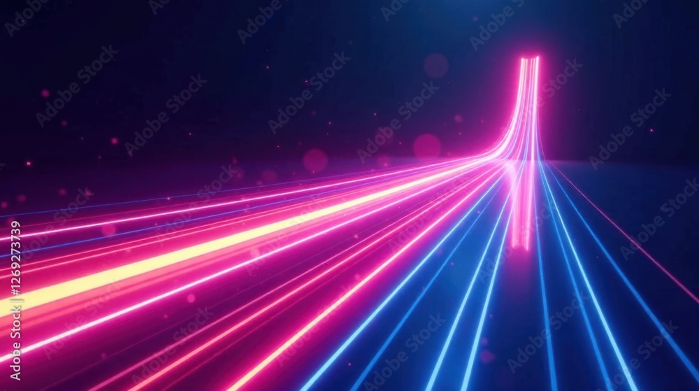 Aufkleber Abstract Glowing Lines Converging at a Distant Point, Representing a Futuristic Digital Highway with Energetic Neon Colors and Subtle Particle Effects