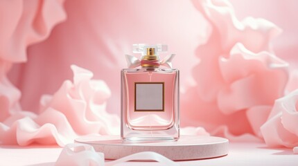 Elegant perfume bottle on a pink podium with delicate floral background, evokes luxury and femininity.