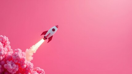 A vibrant pink backdrop showcases a miniature rocket ascending, leaving a trail of pink smoke, symbolizing a powerful and exciting new beginning.