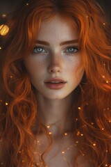 A captivating young woman with vibrant red hair and striking blue eyes gazes directly at the viewer. Soft lights add a warm glow, creating an intimate atmosphere.