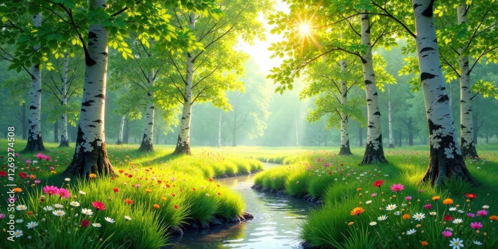 Poster serene springtime meadow with sunlit birch trees and a gently flowing stream
