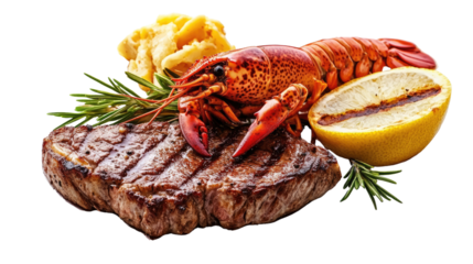 Seafood Delight: A mouthwatering arrangement of grilled steak, vibrant lobster, crispy fries, and a zesty lemon, artfully presented.