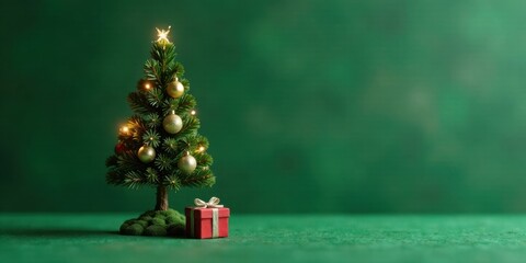 Miniature Christmas tree with festive ornaments and a small gift on a green background, perfect for holiday greetings