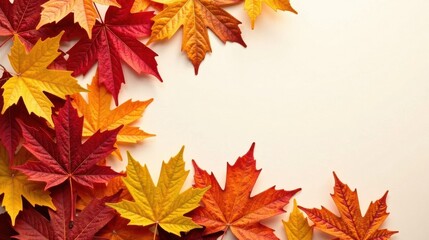 Fototapeta premium Autumnal Foliage Arranged in a Corner Design on a Pale Background, Perfect for Seasonal Greetings or Festive Decorations