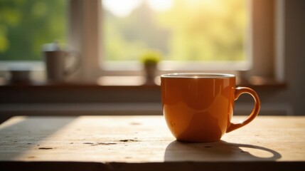 Warm morning sunlight illuminates an orange mug resting on a rustic wooden table near a sunlit window
