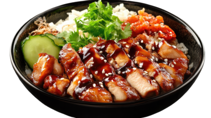 Teriyaki Chicken Rice Bowl: A culinary masterpiece featuring glistening teriyaki chicken, fresh vegetables, and fluffy rice, offering a symphony of flavors and textures in every bite.
