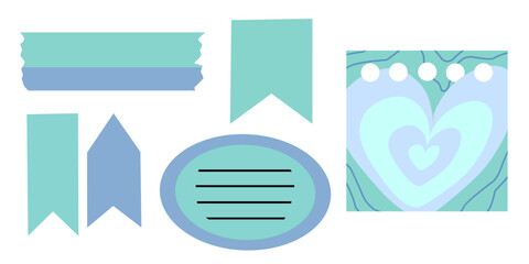 Turquoise color paper with adhesive tape and labels. Set of note sheet, sticky note, notebook page, tags, torn piece of paper. Templates for note message. Vector illustration. Isolated background.