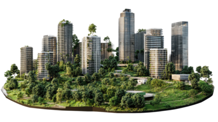 Urban Oasis: A miniature city model seamlessly blends towering skyscrapers with lush greenery, showcasing a vision of sustainable urban development.