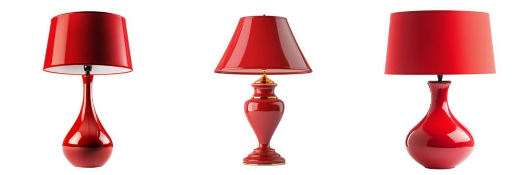 Set of A vintage red table lamp with intricate detailing, illuminated softly, set against a deep crimson on transparent png background. Ai generated