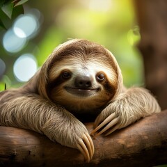 Fototapeta premium Generated image Cute smiling sloth relaxing on a branch in the forest, happy wildlife animal