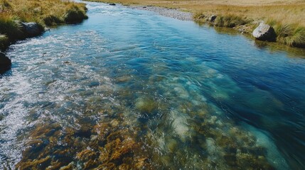Naklejka premium Serene river flows through golden grasslands, a tranquil water landscape