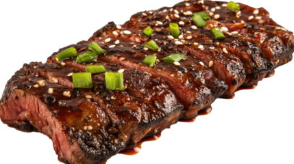 Exquisite Grilled Steak: Sliced, glistening grilled steak, adorned with sesame seeds and fresh chives, showcasing a culinary masterpiece ready to tantalize the taste buds.