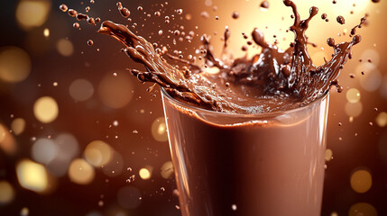 A splash of chocolate milk in the glass, chocolate milk splashing in the air, The background is a warm orange gradient that highlights the splash's movement