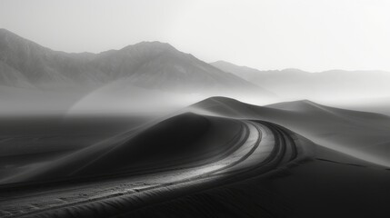 Serene black and white landscape showcasing smooth sand dunes with a winding path under a misty mountain backdrop