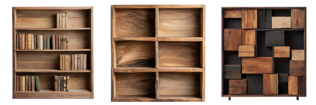 Assorted wooden shelves arranged in unique geometric patterns creating a visually appealing and modern display for books decorative objects or other items in a home or office setting