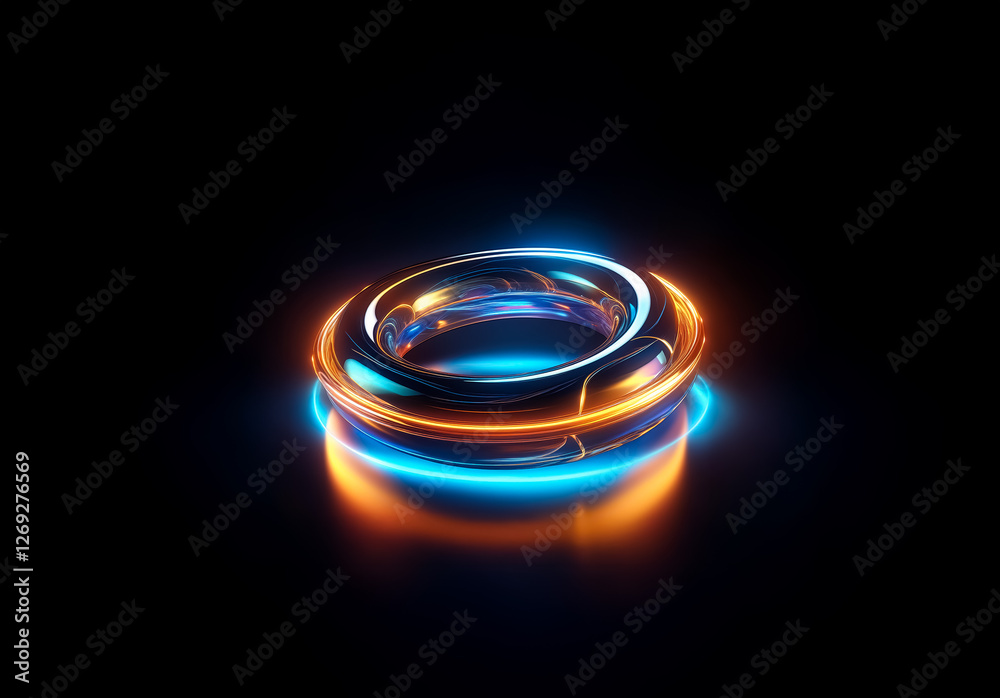 Poster a vibrant torus shape illuminates against a stark black backdrop. the ring glows with bright orange 