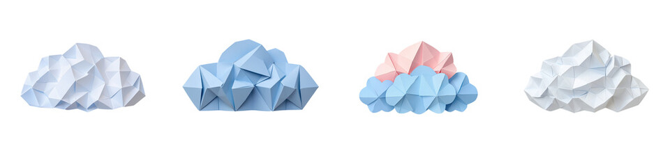 Colorful paper origami cloud inspired abstract geometric shapes with low poly or polygonal faceted design on a minimal pastel blue and pink colored background