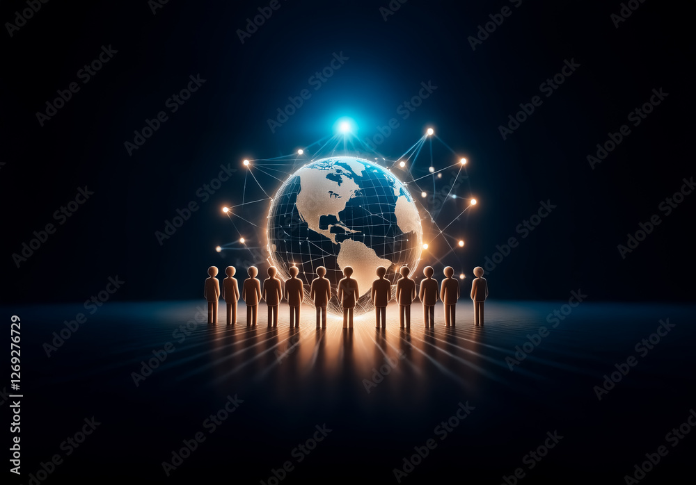Fototapete A group of figures stands illuminated before a glowing globe, symbolizing global connections and networks.  Bright light emanates from above the earth, highlighting the interconnectedness of the world