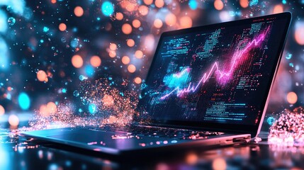 Spectacular digital artwork of a laptop displaying vibrant data visualization amidst a colorful bokeh background
