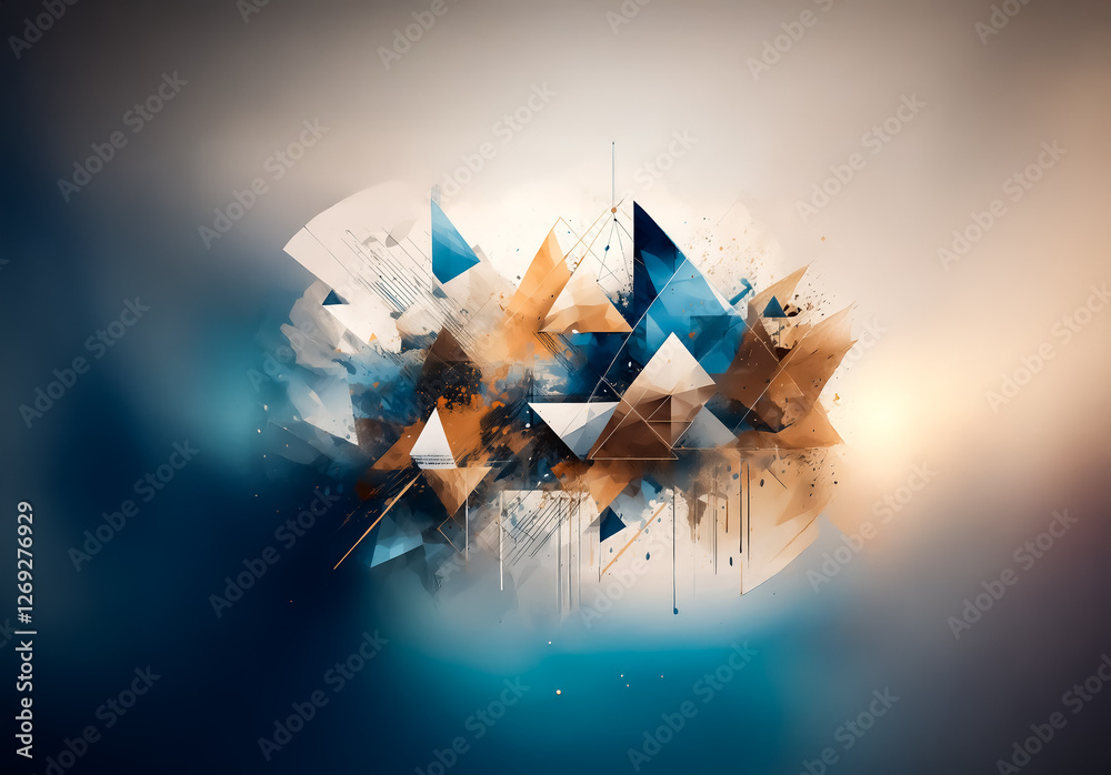 Fototapete abstract geometric art featuring blue and orange triangles on a soft, blurred background. a modern a