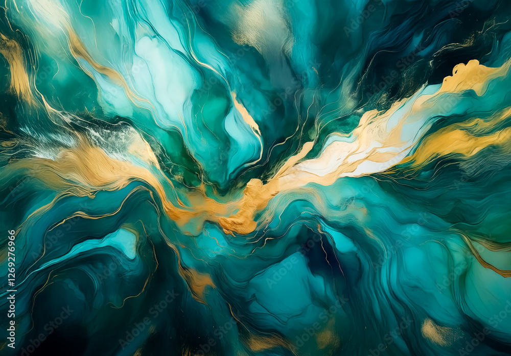 Poster abstract painting featuring flowing teal and gold hues creating a dynamic and fluid design, resembli