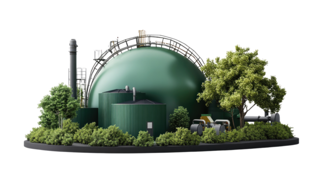 Industrial Biogas Plant Model: A detailed model of a modern biogas plant, featuring spherical digester tanks, lush green foliage, and intricate industrial elements.