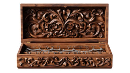 Artisan's Treasure Box: An antique wooden chest, meticulously carved with intricate floral patterns, revealing a glimpse of the treasures held within, inviting a sense of nostalgia and wonder.