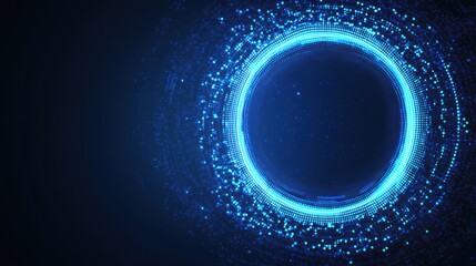 Fototapeta premium Abstract glowing blue circle with sparkling particles on a dark background.