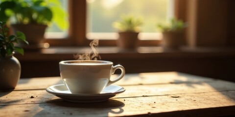 Fototapeta premium Warm Morning Sunlight Illuminates a Steaming Cup of Coffee on Rustic Wooden Table