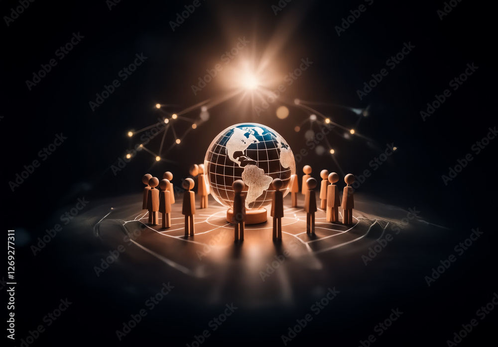 Poster people figures stand around a globe, illuminated by bright light beams, symbolizing global connectio