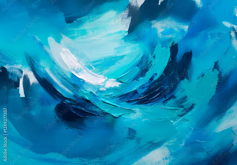 Poster abstract painting featuring swirling brushstrokes in shades of blue, teal and white. dynamic and exp