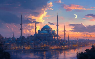 Obraz premium Majestic Mosque at Sunset over River Cityscape